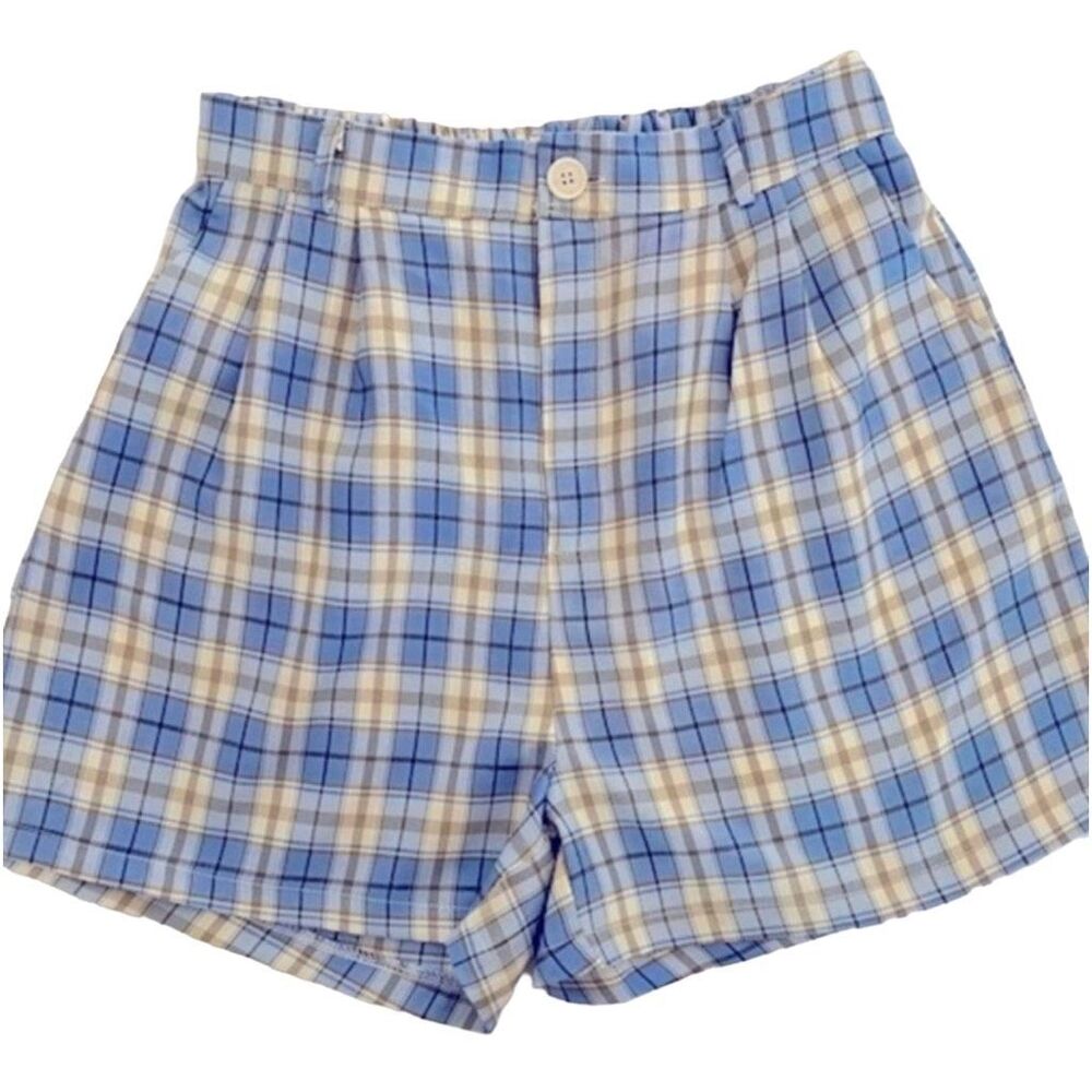 High Waist Shorts Tailored Blue Plaid Pleated Front Pockets Shorts Size L